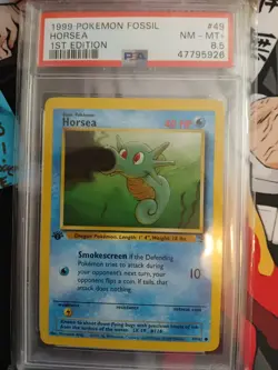 1999 Pokemon Fossil Horsea First Edition PSA Near Mint Half Score 8.5 Very Rare! - Image 1
