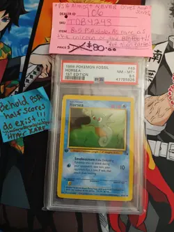 1999 Pokemon Fossil Horsea First Edition PSA Near Mint Half Score 8.5 Very Rare! - Image 2