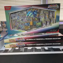 NEW-Pokemon TCG Prismatic Evolutions Lucario ex & Tyranitar ex Premium Box - Image 1