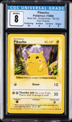 1999 POKEMON BASE SET - SHADOWLESS - RED CHEEKS #58/102 PIKACHU CGC 8 - Image 1