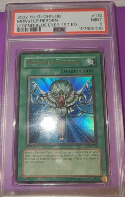 2002 Yu-Gi-Oh LOB Monster Reborn 1st Edition Legend/Blue Eyes PSA 9 Wavy - Image 1