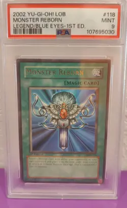 2002 Yu-Gi-Oh LOB Monster Reborn 1st Edition Legend/Blue Eyes PSA 9 Wavy - Image 2