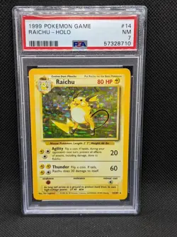 PSA 7 RAICHU 14/102 Unlimited Base Set Holo Rare 1999 Pokemon Card NM - Image 1