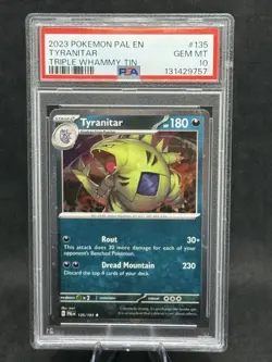 2023 POKEMON PAL EN-PALDEA EVOLVED TRIPLE WHAMMY TIN #135 TYRANITAR PSA 10 - Image 1