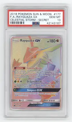 2018 POKEMON SUN & MOON CELESTIAL STORM FULL ART RAYQUAZA GX SECRET PSA 10 Q1887 - Image 1