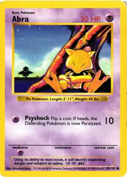 Pokemon TCG Abra 43/102 Shadowless Common Base Set HP - Image 1
