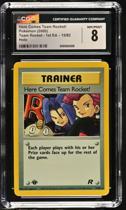 CGC 8 Here Comes Team Rocket! Team Rocket 1st Edition 15/82 Holo Pokemon Card - Image 1