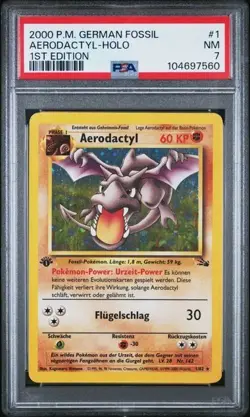 1999 POKEMON FOSSIL 1ST EDITION GERMAN #1/62 AERODACTYL HOLO PSA 7 - Image 1