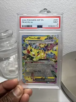 Pokemon 2024 SSP En-Surging Sparks Pikachu EX Ultra Rare Card #219 PSA 9 - Image 1