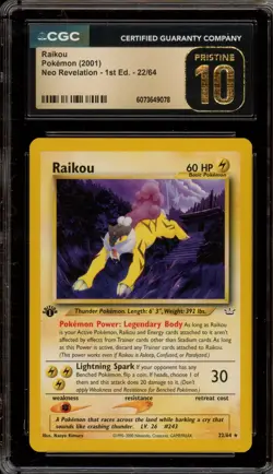 Pokemon Raikou Neo Revelation 1st Edition Rare #22 CGC 10 Pristine - Image 1