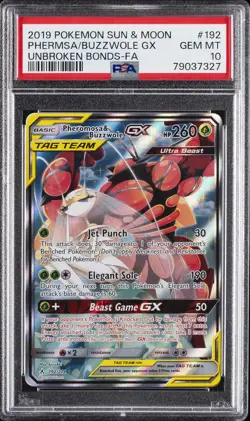 2019 POKEMON SUN & MOON UNBROKEN BONDS FULL ART/PHEROMOSA & BUZZWOLE GX PSA 10 - Image 1