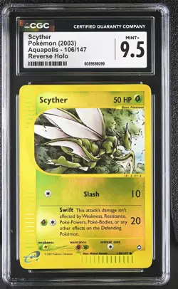 CGC 9.5 MINT+ Scyther 2003 Aquapolis 106/147 Reverse Holo Pokemon Card - Image 1