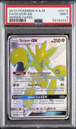 2019 POKEMON SUN & MOON HIDDEN FATES #SV72 FULL ART/SCIZOR GX PSA 9 - Image 1