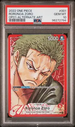 2022 ONE PIECE OP01-ROMANCE DAWN ALTERNATE ART #001 RORONOA ZORO PSA 10 - Image 1