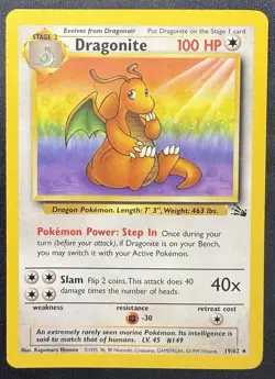 Pokemon TCG Dragonite 19/62 Unlimited Fossil Non-Holo Rare Vintage - Image 1