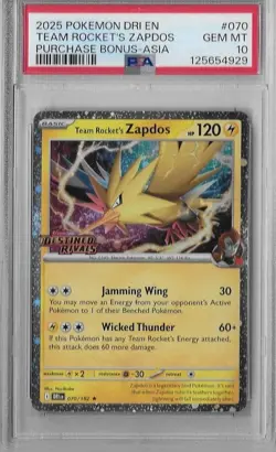Zapdos Pokemon Dri En Destined Rivals Bonus Asia Team Rocket's #070 PSA 10 - Image 1