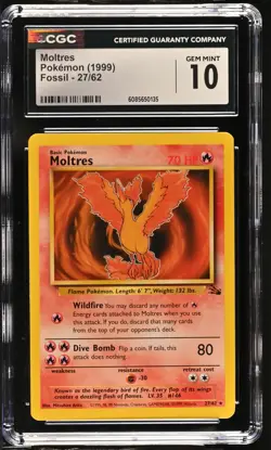 CGC 10 GEM MINT Moltres 1999 Fossil 27/62 Pokemon Card - Image 1