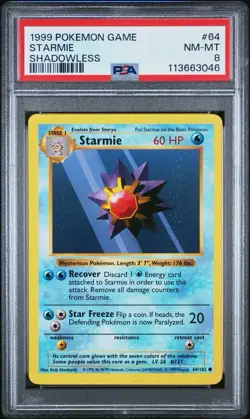 PSA 8 NM-MINT Pokemon TCG Starmie 064/102 Base Set Shadowless Vintage WOTC Slab - Image 1