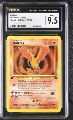 CGC 9.5 MINT+ Moltres 1999 Fossil 1st Edition 27/62 Pokemon Card - Image 1
