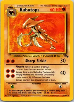 Pokemon TCG Kabutops 24/62 Fossil Unlimited Non-Holo Rare Vintage LP - Image 1