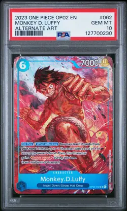 2023 ONE PIECE OP02-PARAMOUNT WAR ALTERNATE ART #062 MONKEY D. LUFFY PSA 10 - Image 1