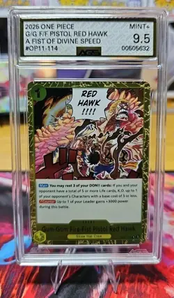 One Piece CCG Event Op11-114 Gold G/G F/F Pistol Red Hawk. AGS 9.5. - Image 1