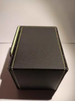 Magnetic Vertical Faux Leather Black and Green Deck Box Holds 80 Cards Sleeved1 - Image 1