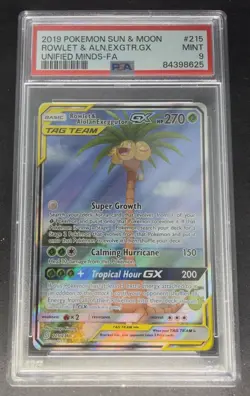 PSA 9 MINT Rowlet & Alolan Exeggutor GX 215/236 Alt Art Unified Minds Pokemon - Image 1