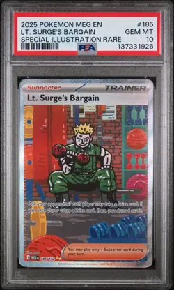 2025 POKEMON MEG SPECIAL ILLUSTRATION RARE #185 LT. SURGE'S BARGAIN PSA 10 - Image 1