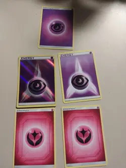 5 pokemon cards- 2 pink energy & 3 purple energy - Image 1