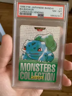 1996 Bandai Carddass Green #1 BULBASAUR PSA 8 - Japanese Pokemon Card - Image 1