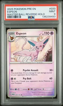 2025 POKEMON PRE EN-PRISMATIC EVOLUTIONS MASTER BALL REVERSE HOLO ESPEON PSA 9 - Image 1