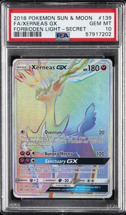 2018 POKEMON SUN & MOON FORBIDDEN LIGHT SECRET #139 FULL ART/XERNEAS GX PSA 10 - Image 1