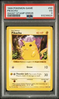 1999 POKEMON GAME 58 PIKACHU GHOST STAMP ERROR PSA 3 LOW POP 11! - Image 1