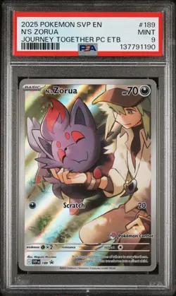 2025 POKEMON JOURNEY TOGETHER POKEMON CENTER ETB PROMO #189 N'S ZORUA PSA 9 - Image 1