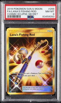 2019 POKEMON SUN & MOON COSMIC ECLIPSE SECRET FULL ART/LANA'S FISHING ROD PSA 8 - Image 1