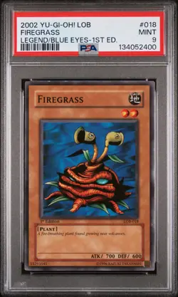 2002 YU-GI-OH! LOB-LEGEND OF BLUE EYES WHITE DRAGON 1ST ED #018 FIREGRASS PSA 9 - Image 1