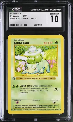 CGC 10 Bulbasaur 1999 Base Set 1st Edition Shadowless 44/102 Pokemon Card - Image 1