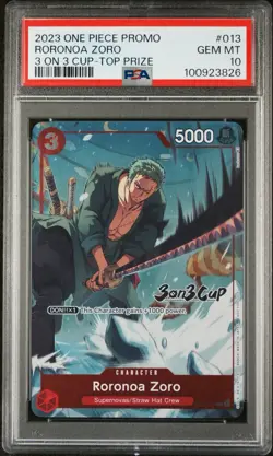 2023 ONE PIECE PROMOS #013 RORONOA ZORO 3 ON 3 CUP-TOP PRIZE PSA 10 - Image 1