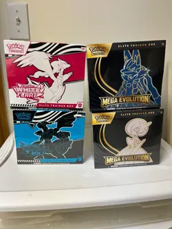 4 Pokemon ETB assortment Sealed (black bolt, white flare, 2 mega evolutions) - Image 1