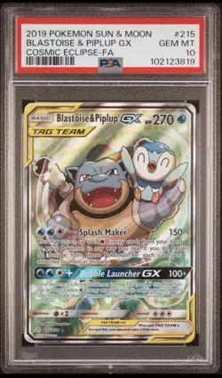 Pokemon Blastoise Piplup GX Cosmic Eclipse Alternative Art #215 PSA 10 Gem Mint - Image 3