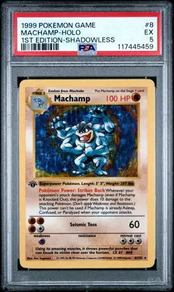 1999 POKEMON BASE SET 1ST EDITION-SHADOWLESS #8 MACHAMP-HOLO PSA 5 - Image 1