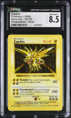 CGC 8.5 Zapdos 1999 Base Set 16/102 Shadowless Holo Pokemon Card - Image 1