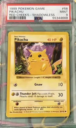 "Red Cheeks" Pikachu Base Set Shadowless, Common Card 58/102, 1999 PSA 9 - Image 1