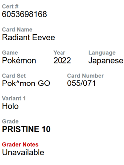 2022 POKEMON JPN POKEMON GO HOLO #055/071 RADIANT EEVEE CGC 10 PRISTINE - Image 3