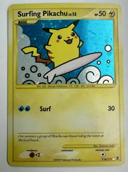 Pokemon TCG Surfing Pikachu Holo Card 114/111 Rising Rivals 2009 Secret Rare - Image 1