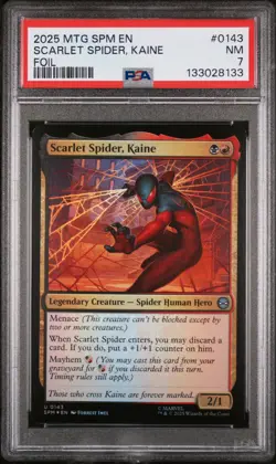 2025 MTG MARVEL'S SPIDER-MAN FOIL #0143 SCARLET SPIDER, KAINE PSA 7 - Image 1