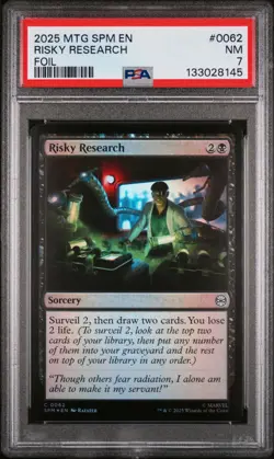 2025 MTG MARVEL'S SPIDER-MAN FOIL #0062 RISKY RESEARCH PSA 7 - Image 1