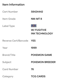 POKEMON UNLIMITED 1999 #76 POKEMON BREEDER PSA 8 - Fresh SLAB NEW ! VERY RARE - Image 3