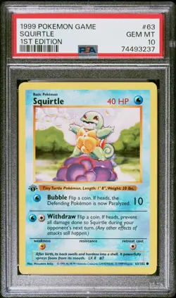 1999 Squirtle Pokemon Base Set Shadowless 1st Edition #63 PSA 10 GEM MINT - Image 1